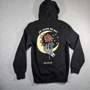 Last Call Co. Unisex Sz S Black He Loves Me‎ Not Graphic Print Hooded Sweatshirt